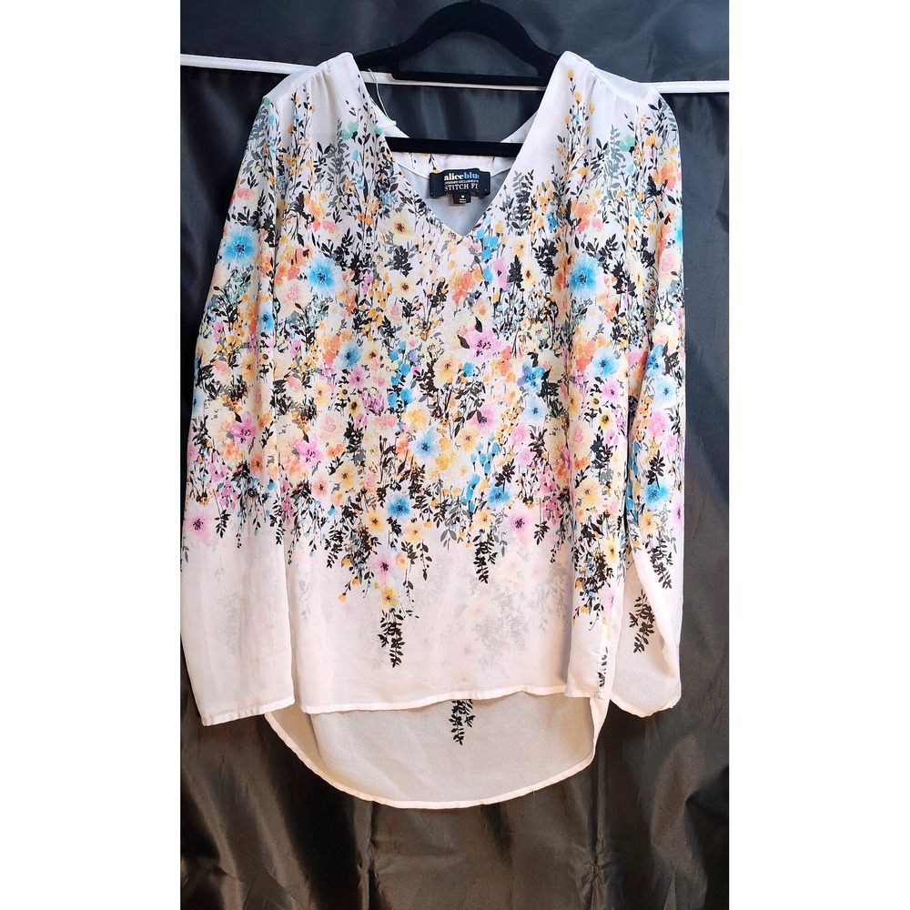 Alice Blue Stitch Fix Floral V-Neck Blouse White Multicolor High-Low Top Medium